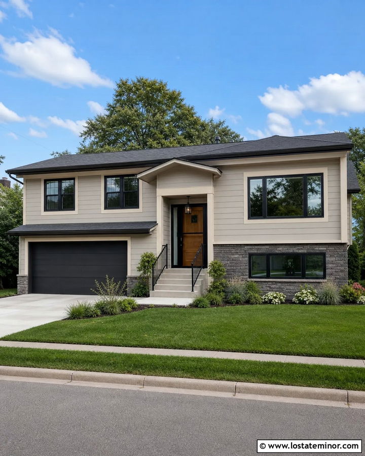 Greige Split Level With Full View Screen Door - 30 Greige House Design With Screen Door Ideas