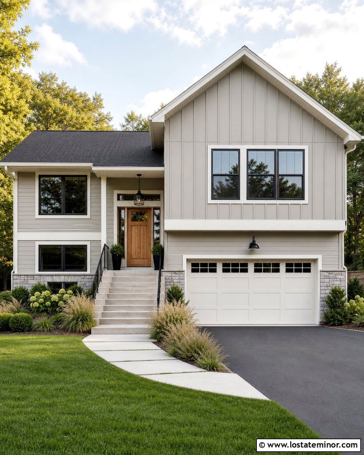 Greige Split Level With Gable Siding - 30 Greige House Design With Gables Ideas
