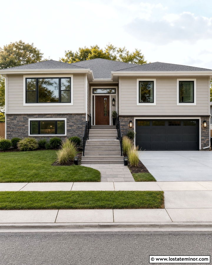 Greige Split Level With Ledgestone Wainscoting - 30 Greige House Design With Wainscoting Ideas