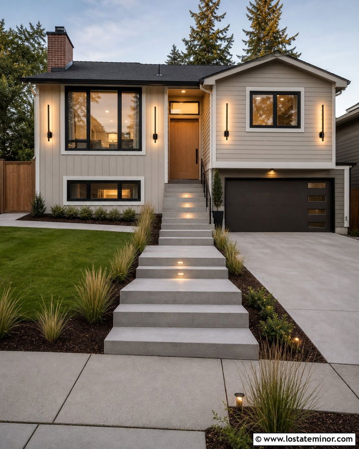 Greige Split Level With Linear LED Lighting - 30 Greige House Design With Lighting Ideas