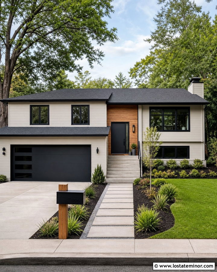 Greige Split Level With Modern Mailbox - 30 Greige House Design With Mailbox Ideas