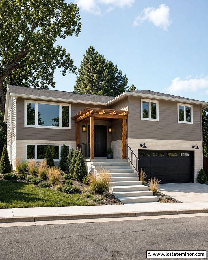 Greige Split Level With Pergola Front Porch - 30 Greige House Design With Front Porch Ideas