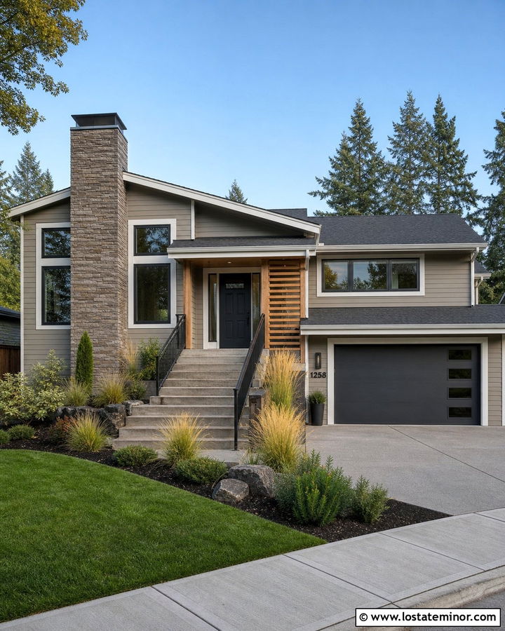 Greige Split Level With Tall Chimney - 30 Greige House Design With Chimney Ideas