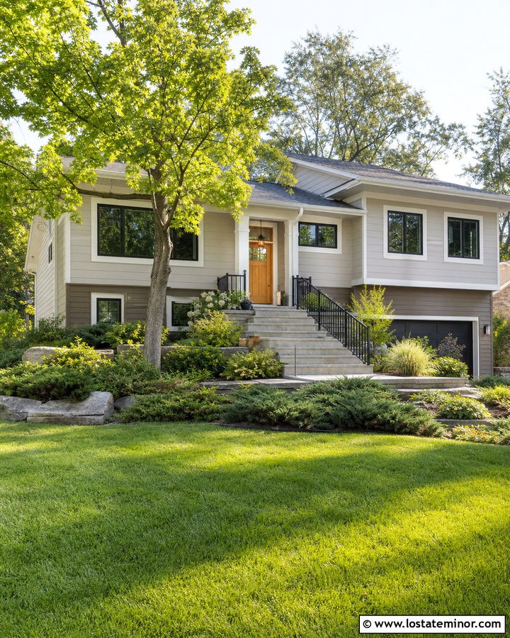 Greige Split Level With Wide Front Steps - 30 Greige House Design With Front Yard Ideas