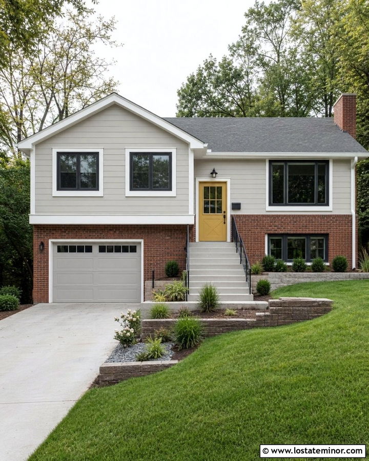 Greige Split Level With Yellow Dutch Door - 30 Greige House Design With Dutch Door Ideas