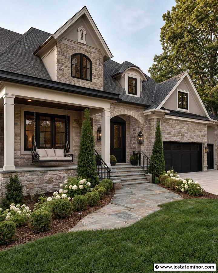Greige Stone House With Black Metal Swing - 30 Greige House Design With Swing Ideas