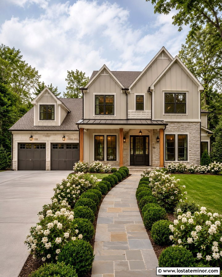 Greige Stone House With Board And Batten - 30 Stone House Design With Accents Ideas
