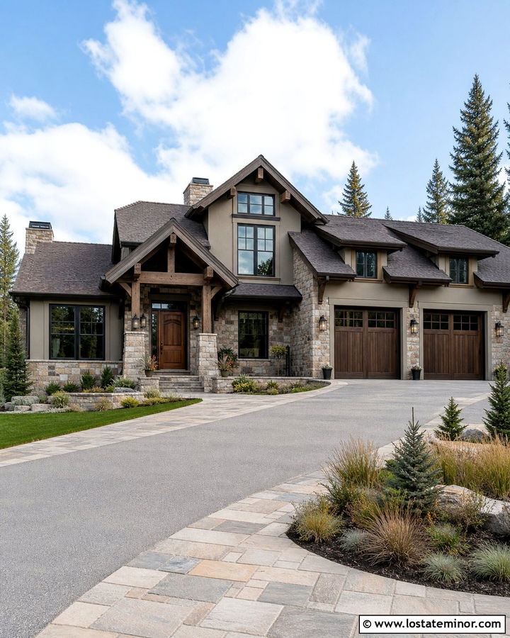 Greige Stone House With Bronze Window Frames - 30 Greige House Design With Window Frames Ideas