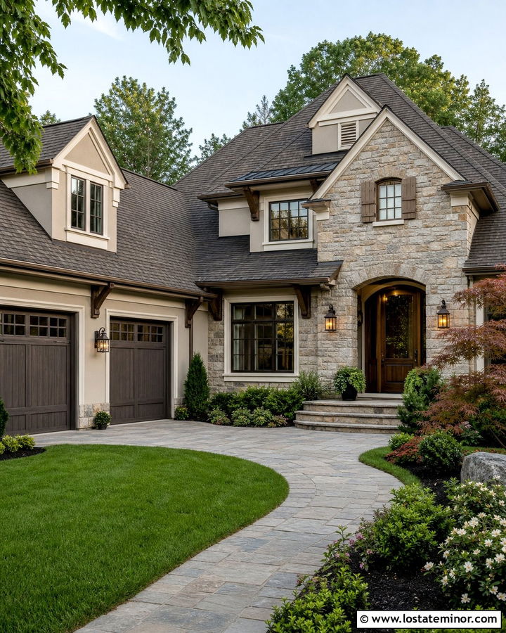 Greige Stone House With Dark Bronze Lighting - 30 Greige House Design With Lighting Ideas