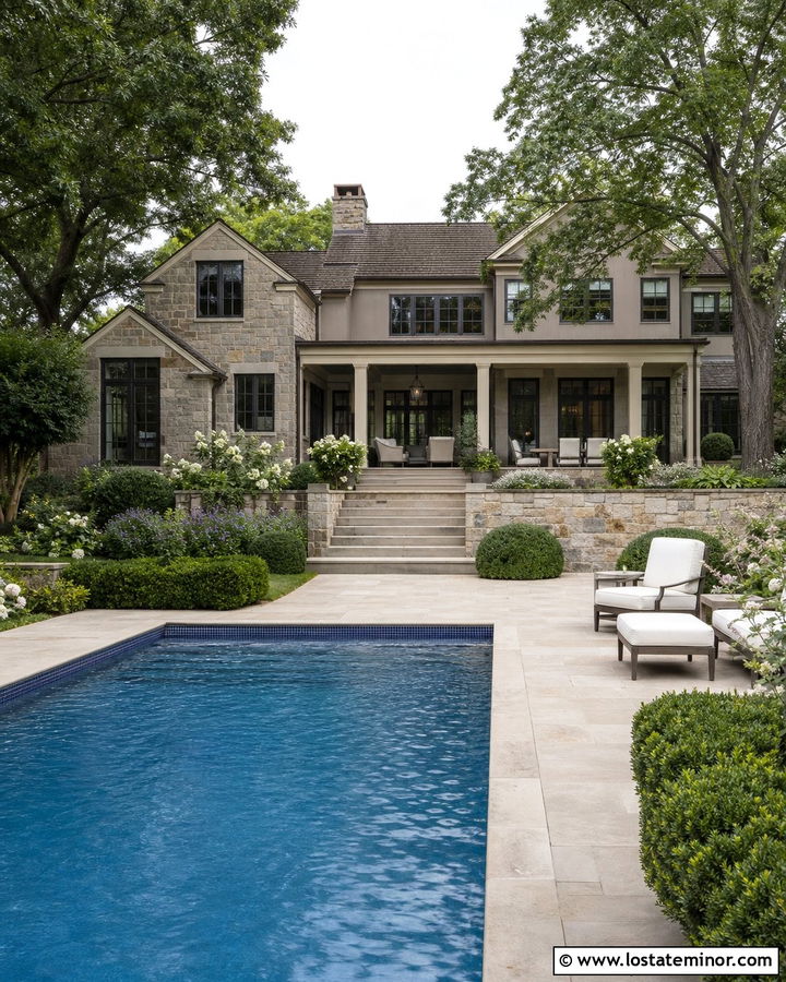 Greige Stone House With Pool - 30 Greige House Design With Swimming Pool Ideas