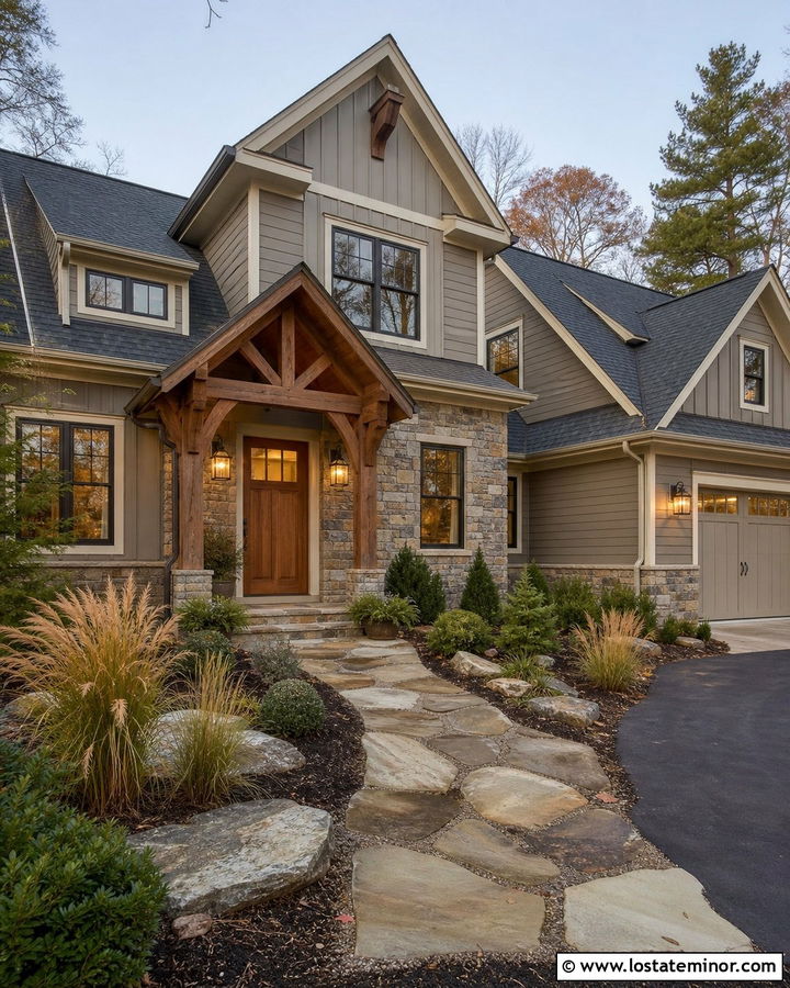 Greige Stone House With Timber Awning - 30 Greige House Design With Awning Ideas