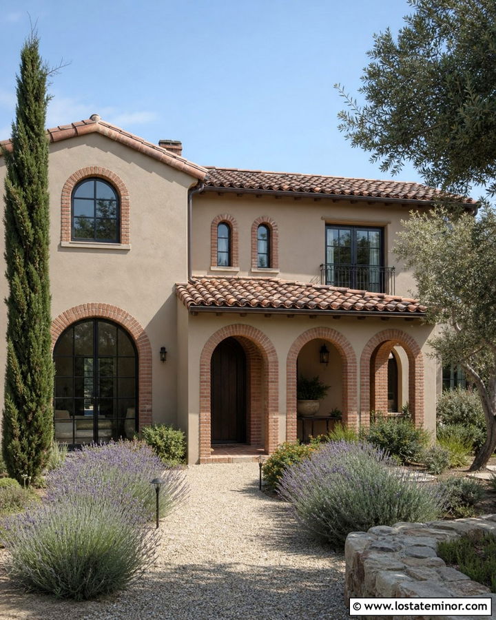 Greige Stucco House With Brick Arches - 30 Greige House Design With Brick Accents Ideas