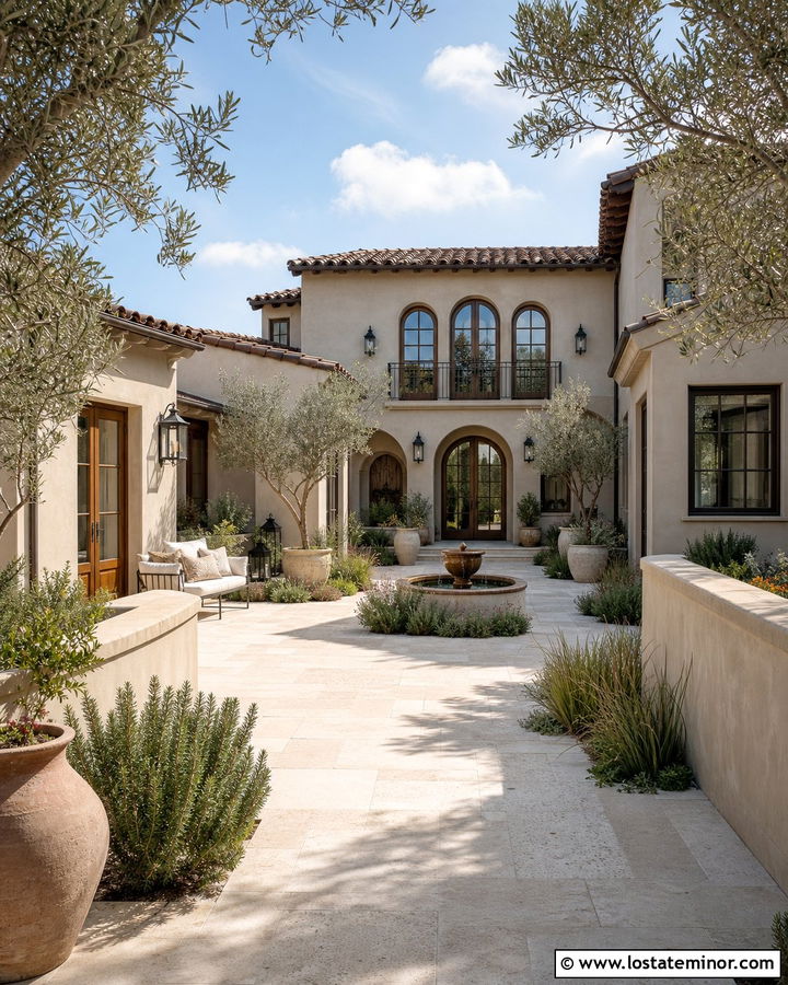 Greige Stucco House With Courtyard - 30 Greige House Design With Backyard Ideas