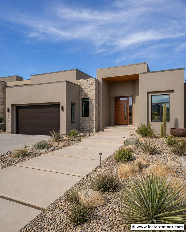 Greige Stucco House With Dark Garage Door - 30 Greige House Design With Garage Door Ideas