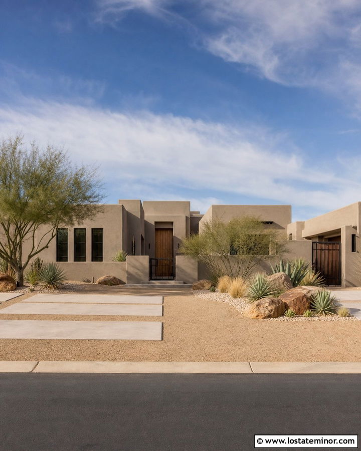 Greige Stucco House With Desert Driveway - 30 Greige House Design With Driveway Ideas