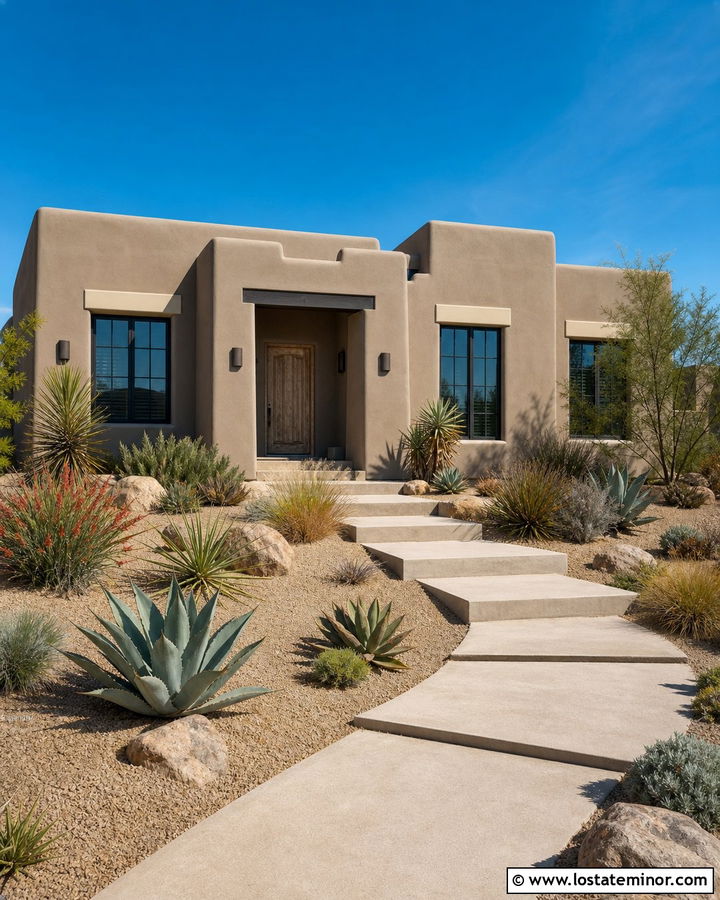 Greige Stucco House With Desert Front Yard - 30 Greige House Design With Front Yard Ideas
