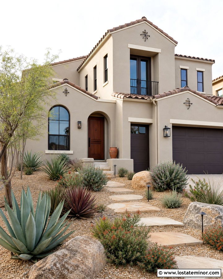 Greige Stucco House With Desert Landscaping - 30 Greige House Design With Landscaping Ideas
