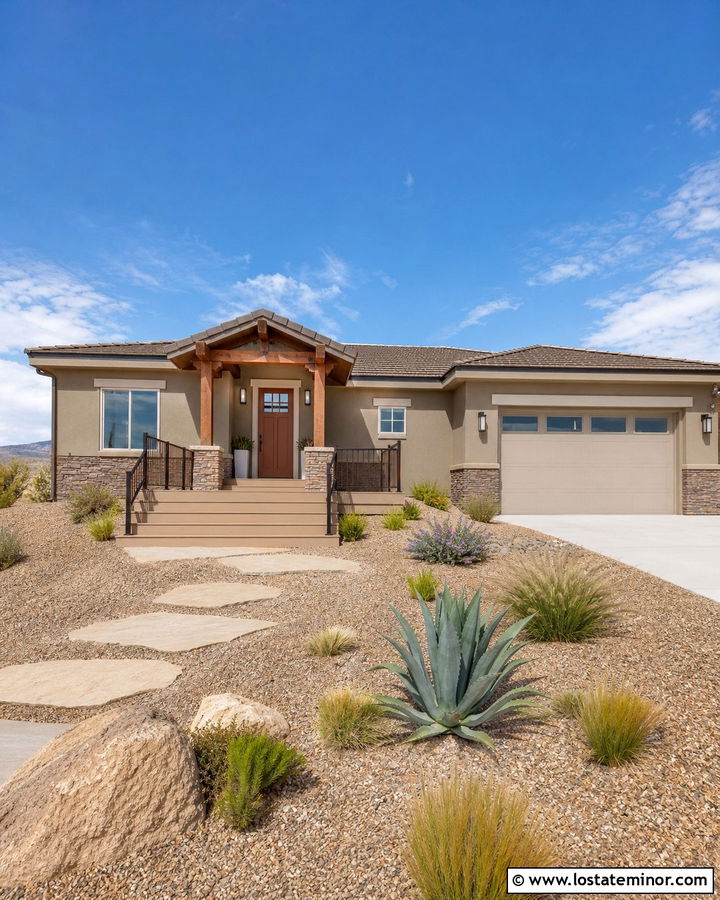 Greige Stucco House With Desert Tan Deck - 30 Greige House Design With Deck Ideas