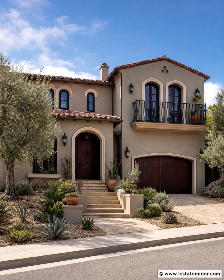 Greige Stucco House With Iron Balcony Railings - 30 Greige House Design With Railings Ideas