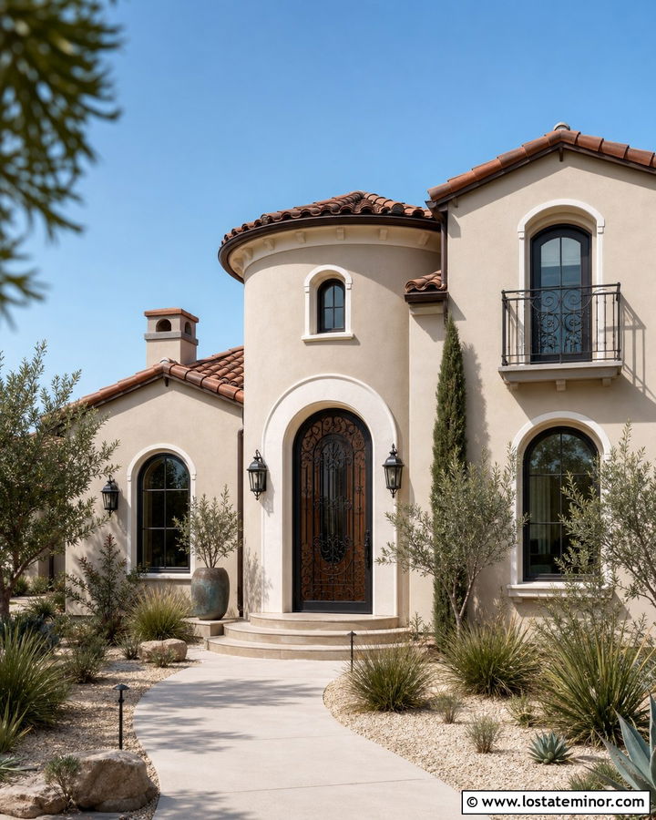Greige Stucco House With Iron Screen Door - 30 Greige House Design With Screen Door Ideas