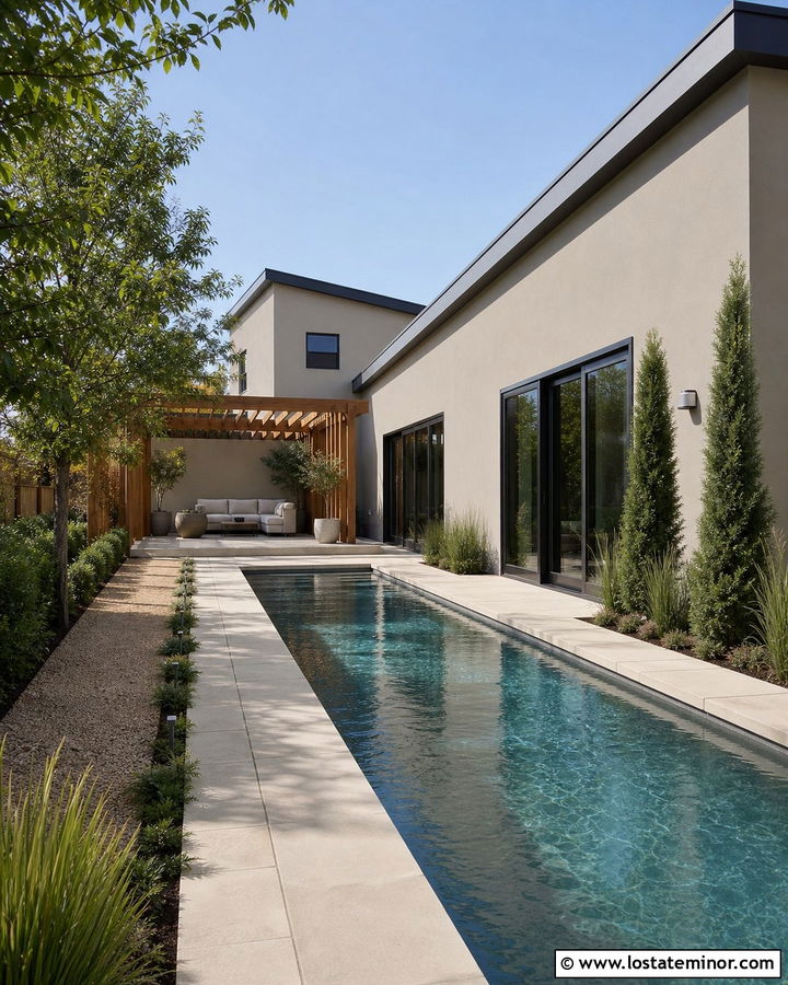 Greige Stucco House With Lap Pool - 30 Greige House Design With Swimming Pool Ideas