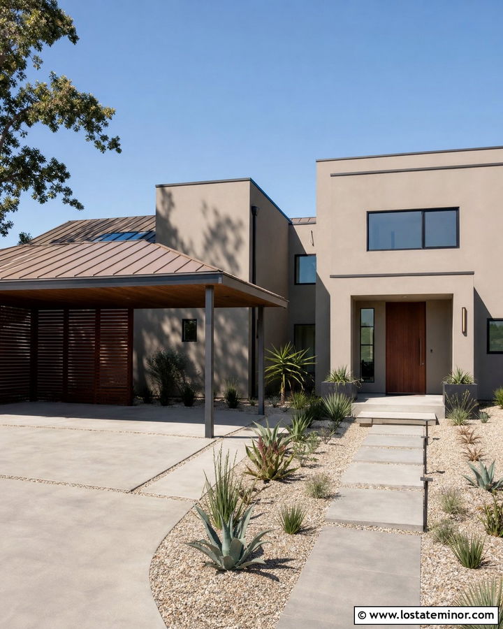 Greige Stucco House With Metal Carport - 30 Greige House Design With Carport Ideas