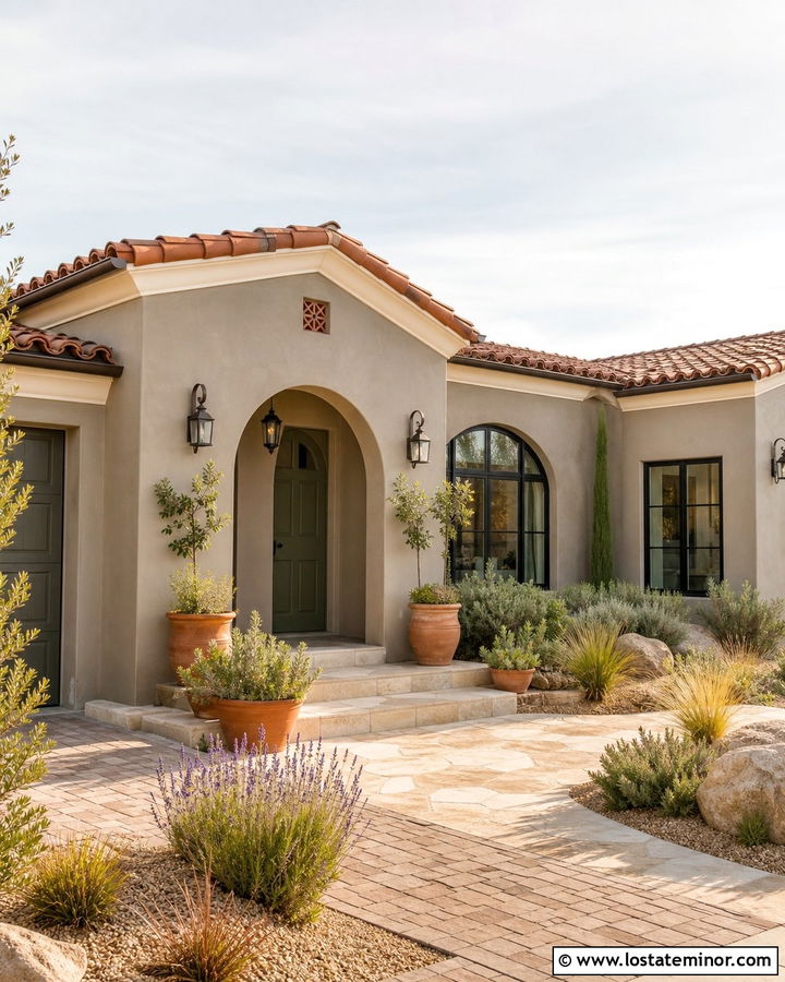 Greige Stucco House With Olive Door - 30 Greige House Design With Entry Door Ideas