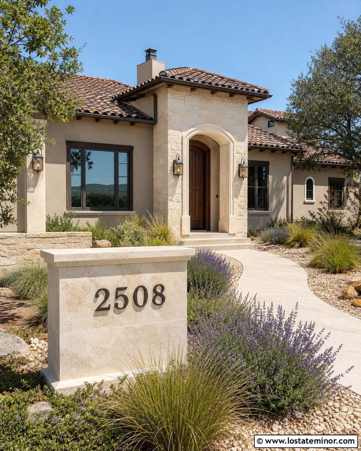 Greige Stucco House With Stone Address Sign - 30 Greige House Design With House Numbers Ideas