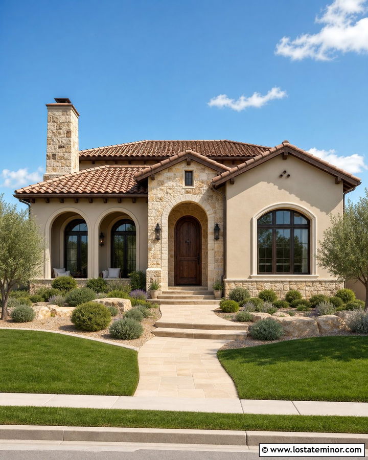 Greige Stucco House With Stone Chimney - 30 Greige House Design With Chimney Ideas