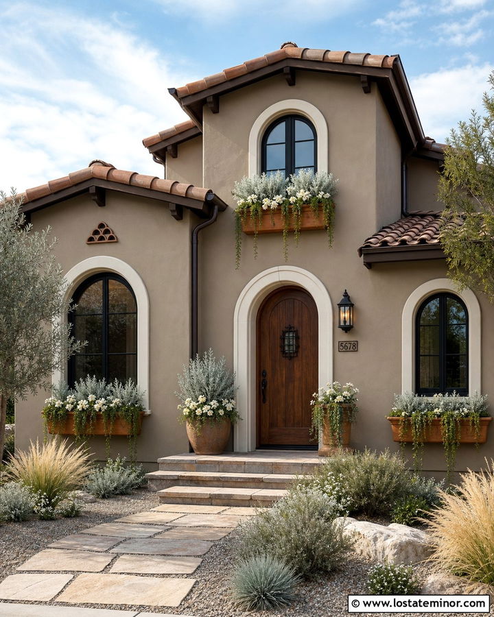 Greige Stucco House With Terracotta Window Boxes - 30 Greige House Design With Window Boxes Ideas