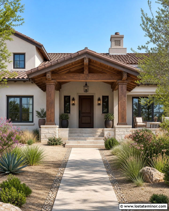 Greige Stucco House With Timber Front Porch - 30 Greige House Design With Front Porch Ideas
