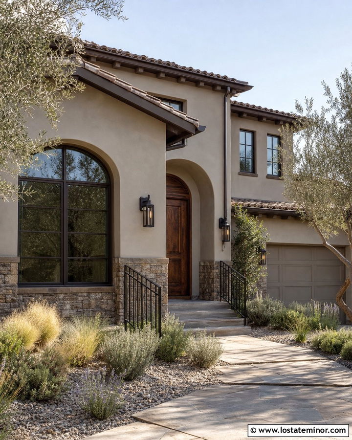 Greige Stucco House With Walnut Front Door - 30 Greige House Design With Front Door Ideas