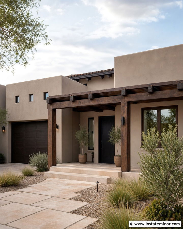 Greige Stucco House With Wood Beam Columns - 30 Greige House Design With Porch Columns Ideas