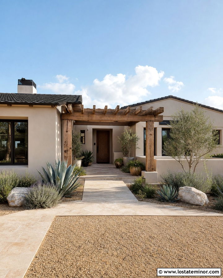 Greige Stucco House With Wood Pergola - 30 Greige House Design With Pergola Ideas