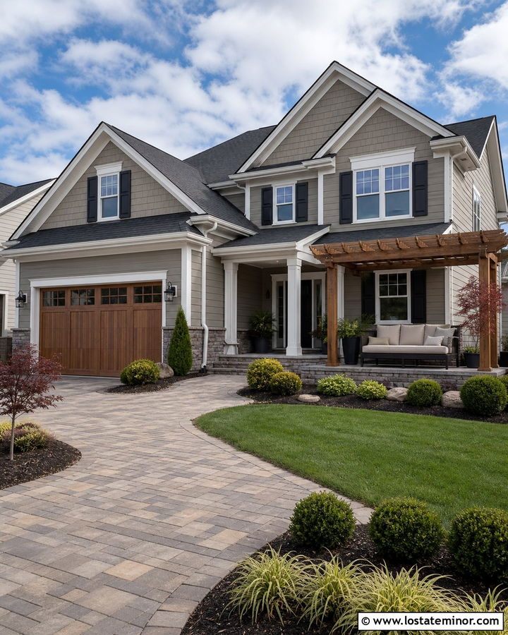 Greige Suburban House With Garage Patio Daybed - 30 Greige House Design With Daybed Ideas