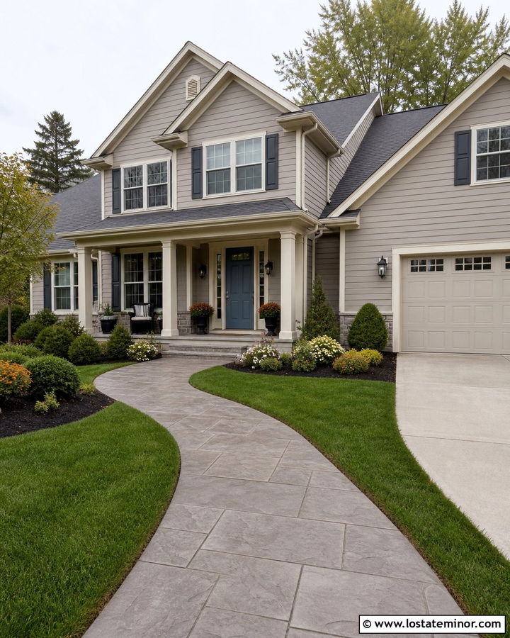 Greige Suburban House With Stamped Concrete Walkway - 30 Greige House Design With Walkway Ideas