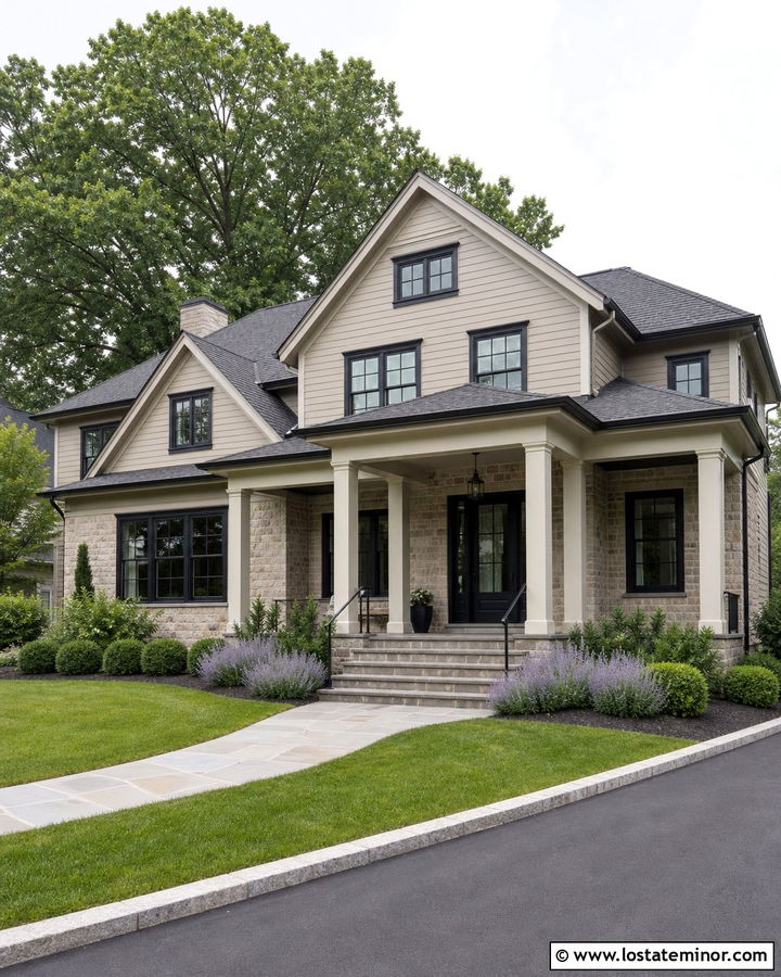 Greige Tan House With Stone Front Porch - 30 Tan House Design With Front Porch Ideas