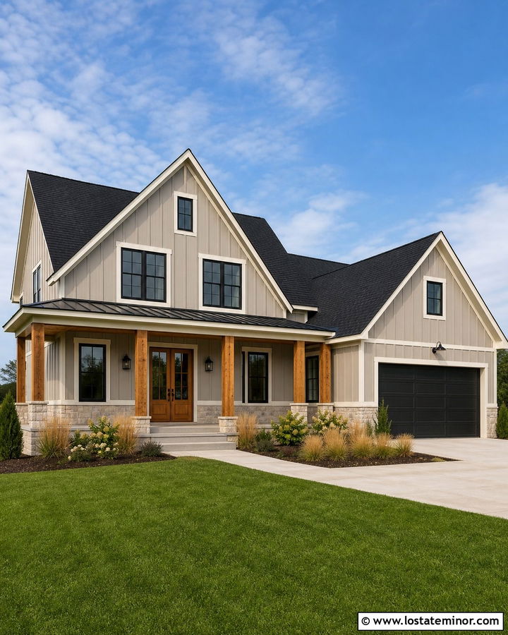Greige Tan Modern Farmhouse With Black Shingles - 30 Tan House Design With Shingles Ideas