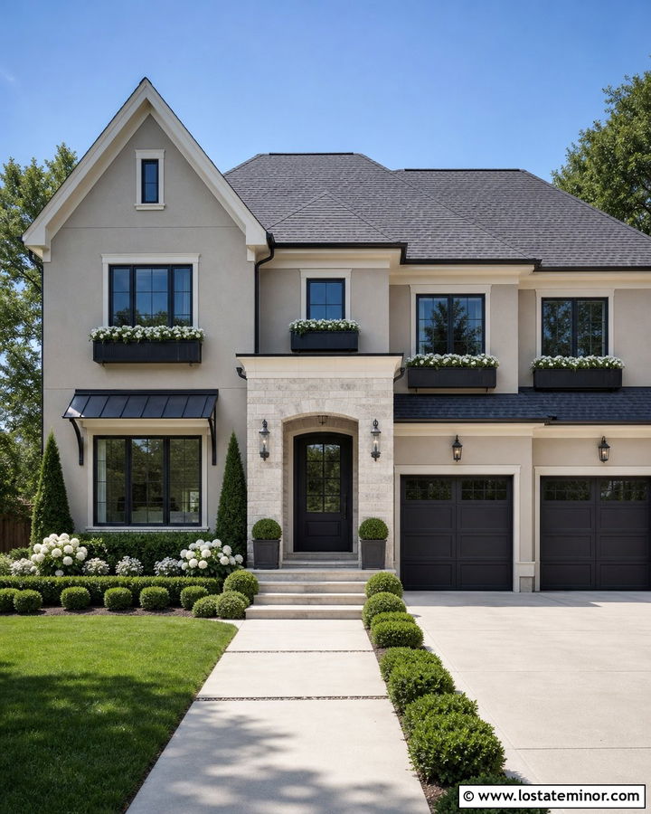 Greige Taupe House With Charcoal Window Boxes - 30 Taupe House Design With Window Boxes Ideas