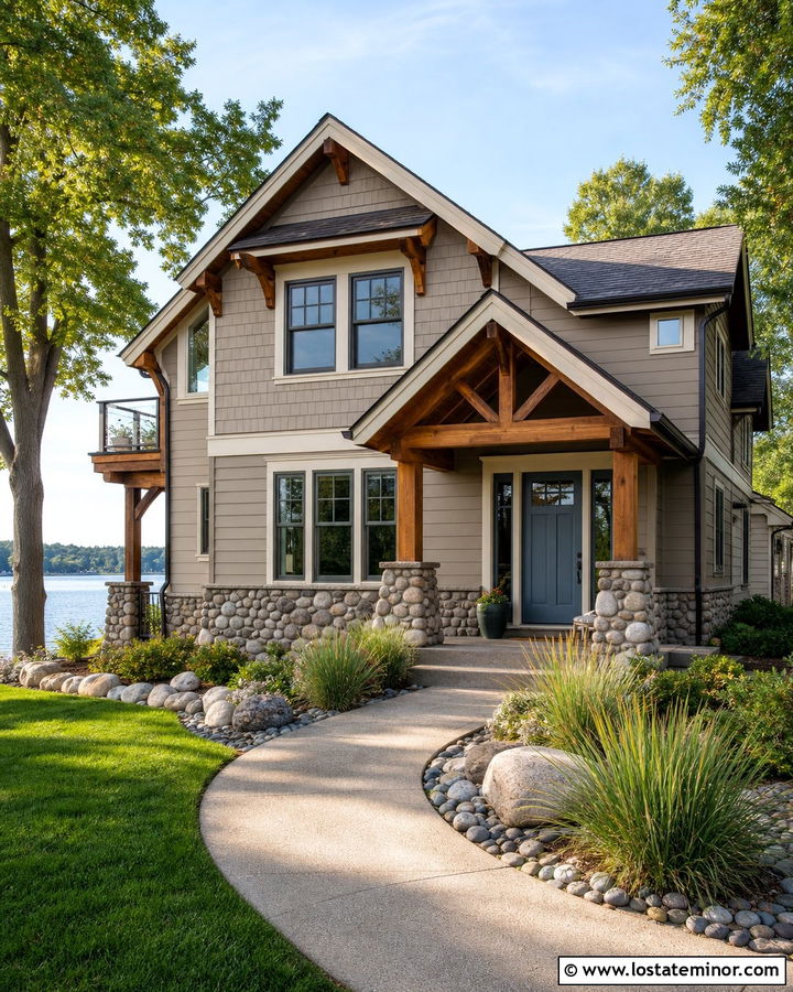Greige Taupe House With River Rock - 30 Taupe House Design With Stone Accents Ideas