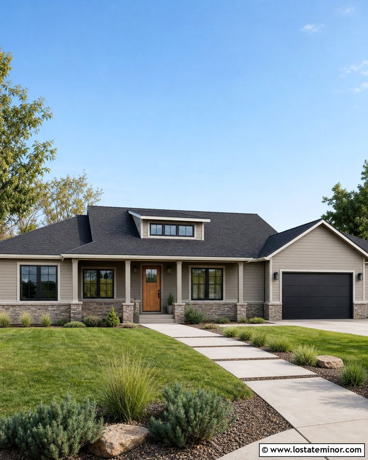 Greige Taupe Ranch With Wide Dormer - 30 Taupe House Design With Dormers Ideas