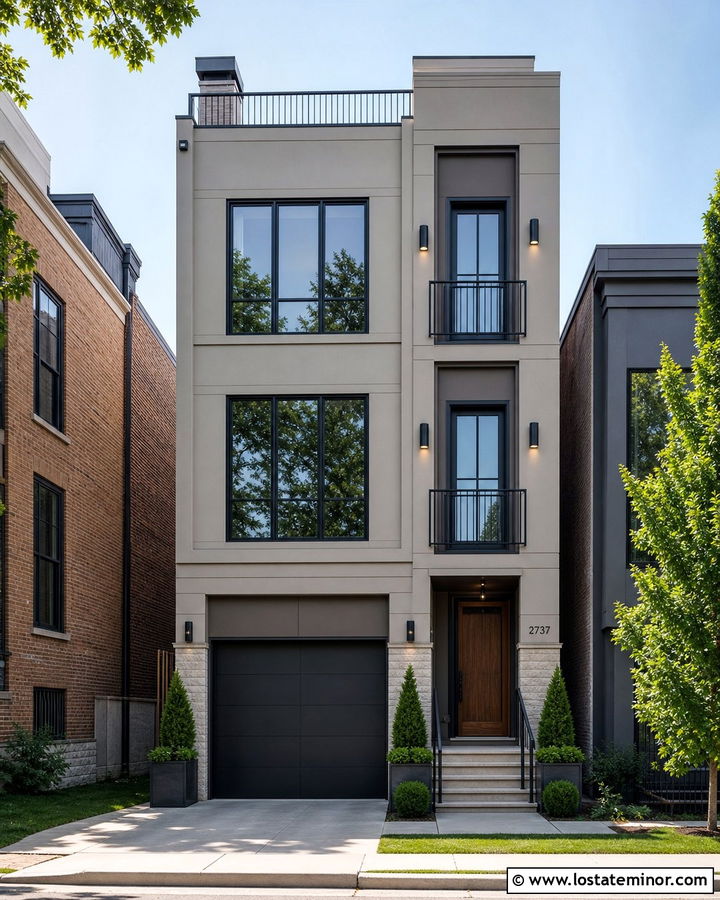 Greige Townhouse With Black Balcony Railings - 30 Greige House Design With Railings Ideas