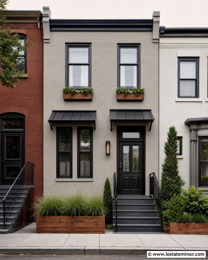 Greige Townhouse With Slim Black Awnings - 30 Greige House Design With Awning Ideas