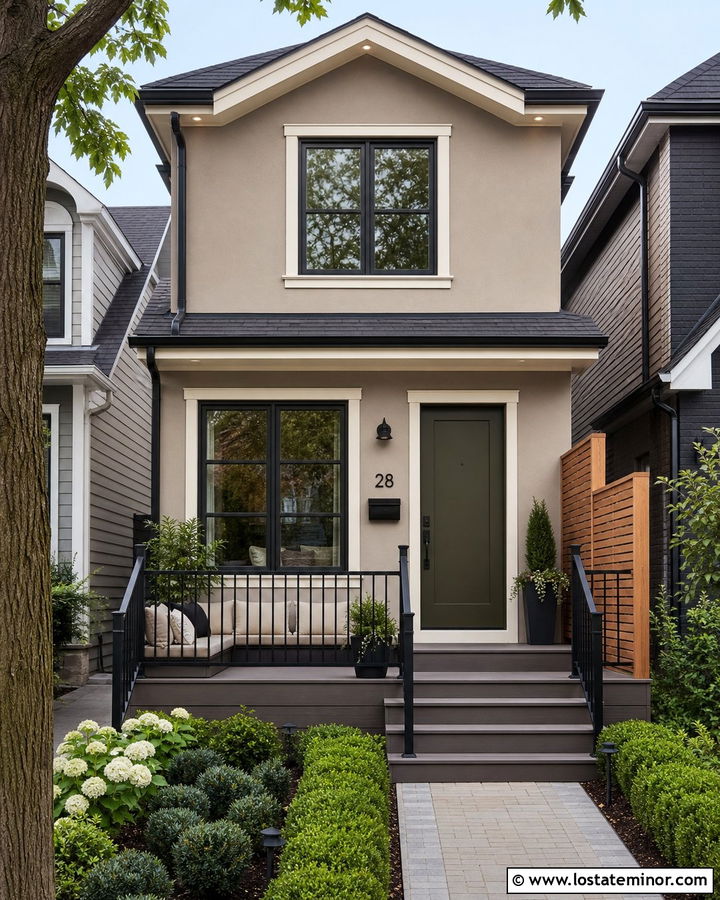 Greige Townhouse With Small Deck - 30 Greige House Design With Deck Ideas