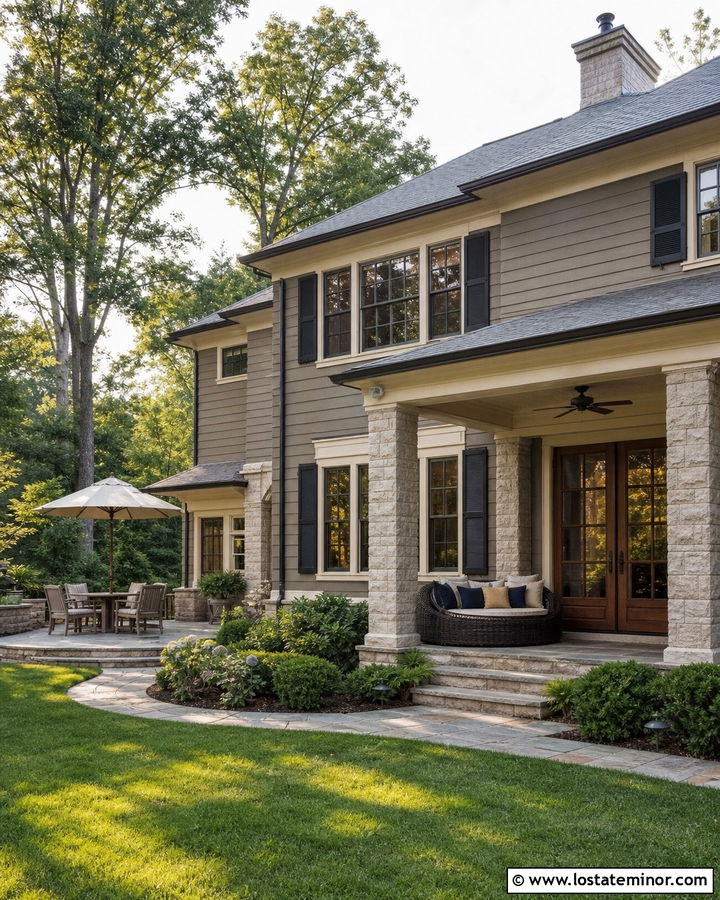 Greige Traditional House With Back Porch Daybed - 30 Greige House Design With Daybed Ideas