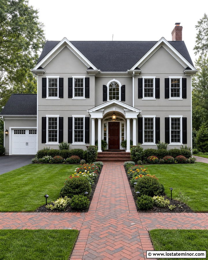 Greige Traditional House With Basket Weave Brick Walkway - 30 Greige House Design With Walkway Ideas