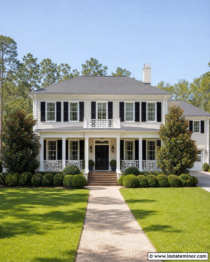 Greige Traditional House With Chippendale Railings - 30 Greige House Design With Railings Ideas