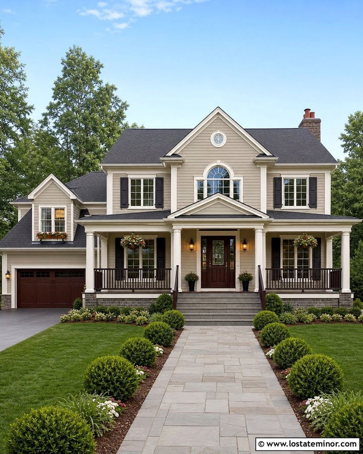 Greige Traditional House With Mahogany Deck - 30 Greige House Design With Deck Ideas