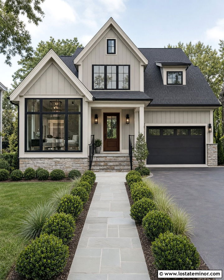 Greige Transitional House With Gabled Sunroom - 30 Greige House Design With Sunroom Ideas