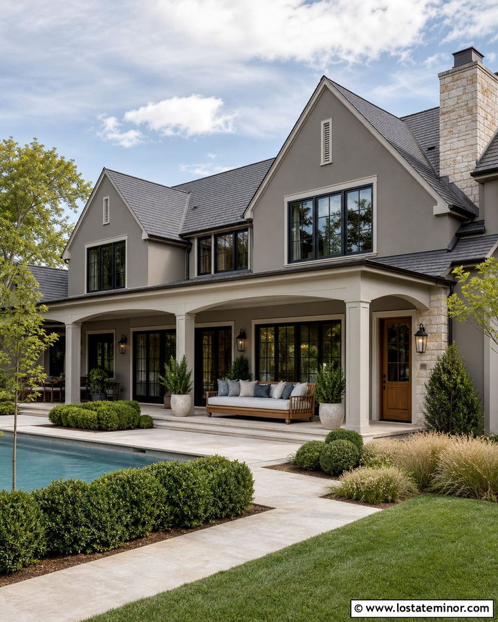 Greige Transitional House With Poolside Daybed - 30 Greige House Design With Daybed Ideas